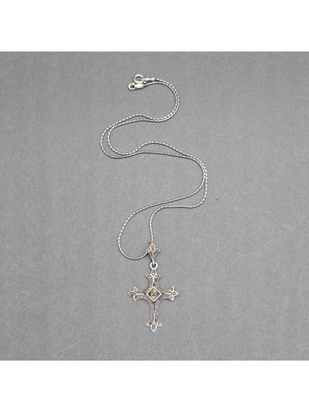 Vintage Sterling Silver Marcasite Cross Pendant Necklace Statement Gothic Style - Picture 7 of 12